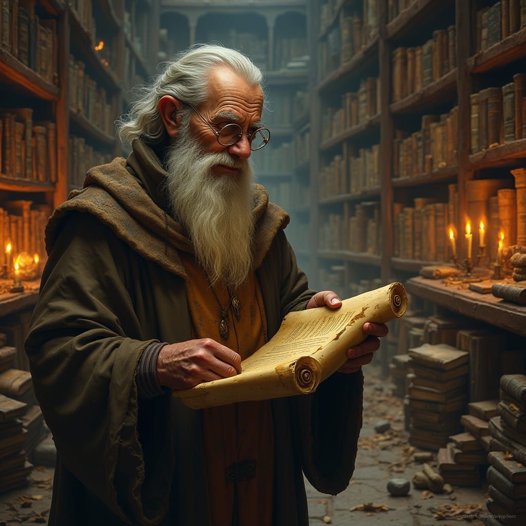 Ancient Monk in Mystical Library, Illuminated by Candlelight