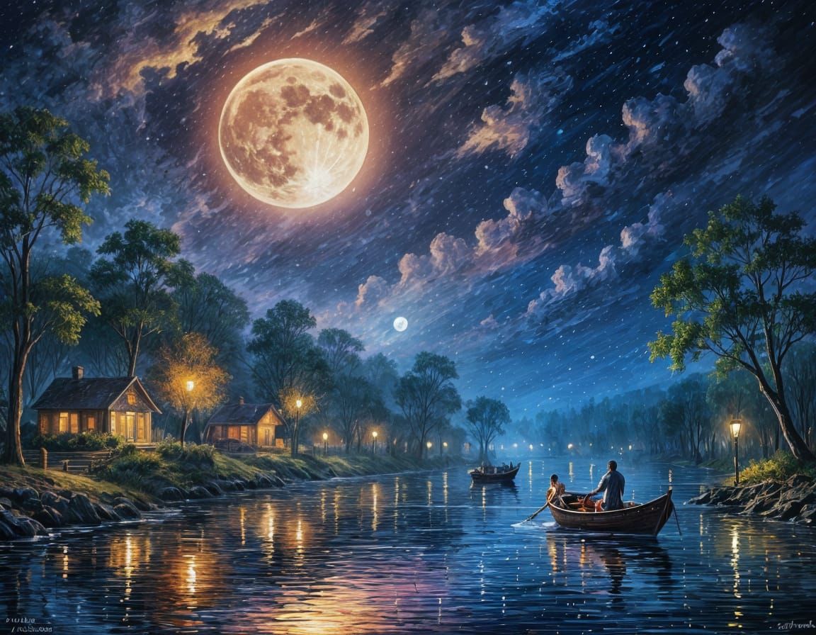 Moonlit River Scene in Impressionistic Style