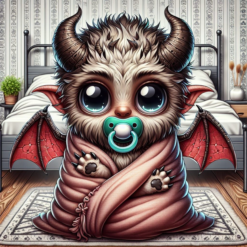 Cute Furry Demon Sucking Pacifier in Boy's Bedroom