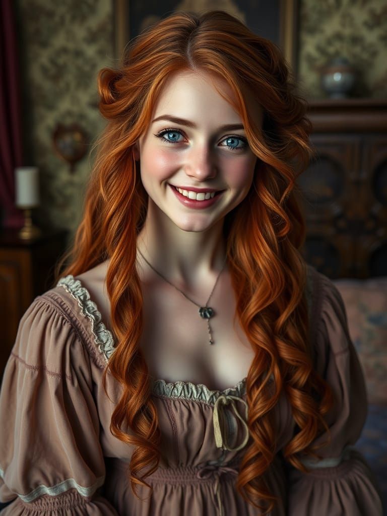 Victorian Era Teenage Girl Smiles in Her Cozy Bedroom