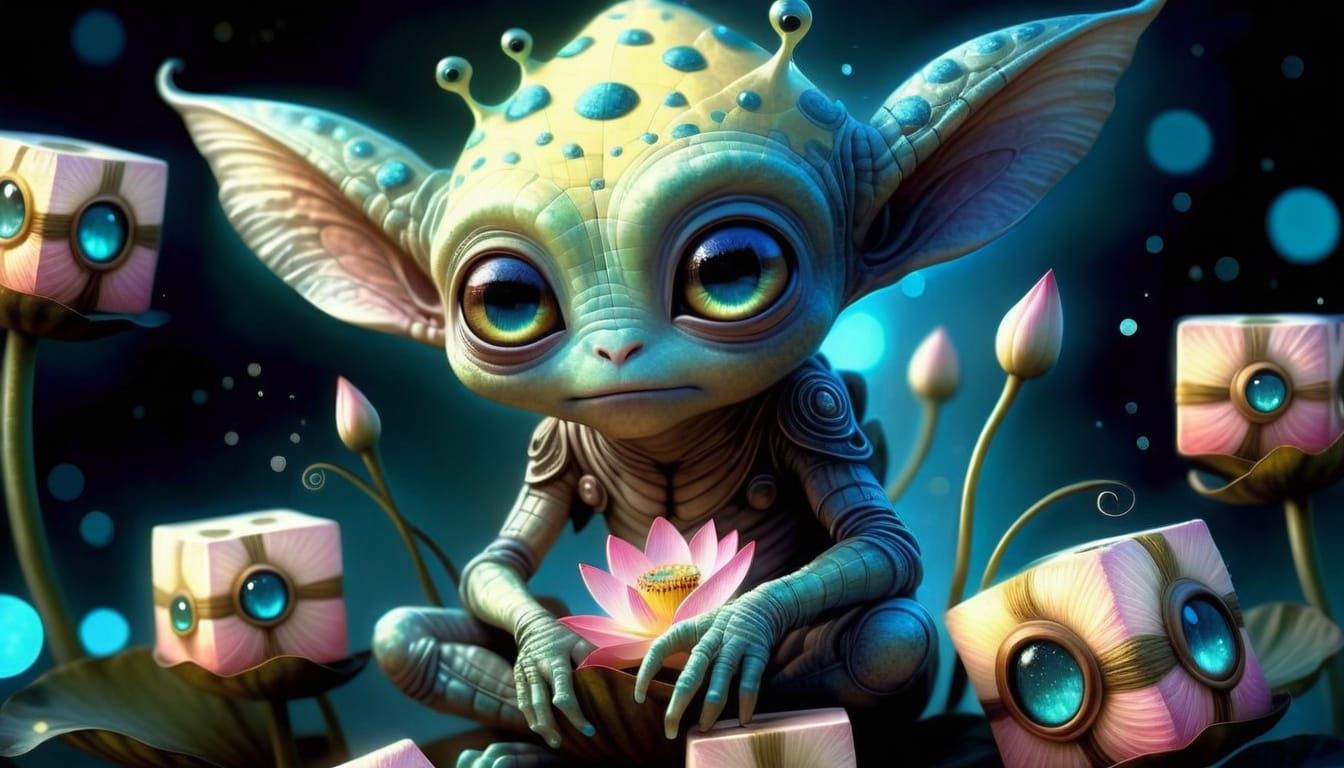 Whimsical Cubist Alien on a Vibrant Lotus