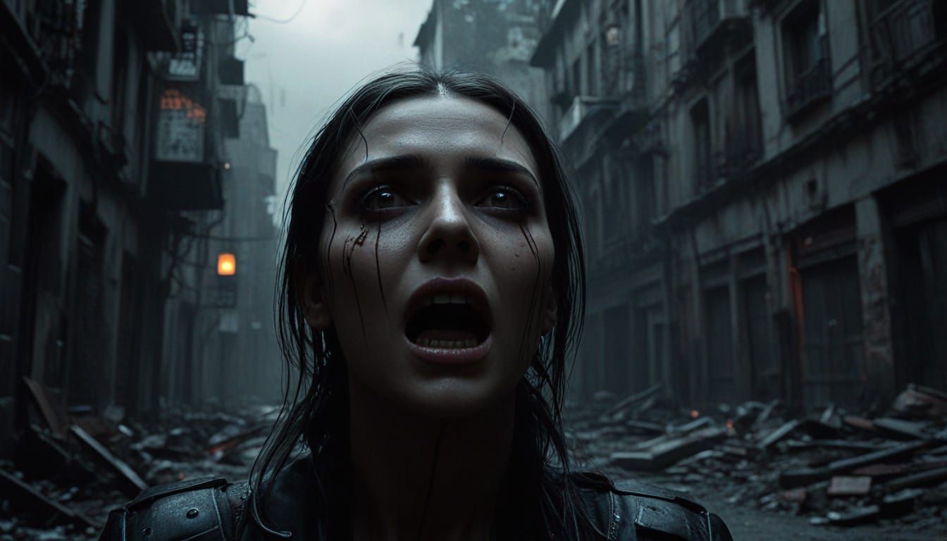 Screaming Woman in a Dystopian Cityscape, in Dark Surrealism...