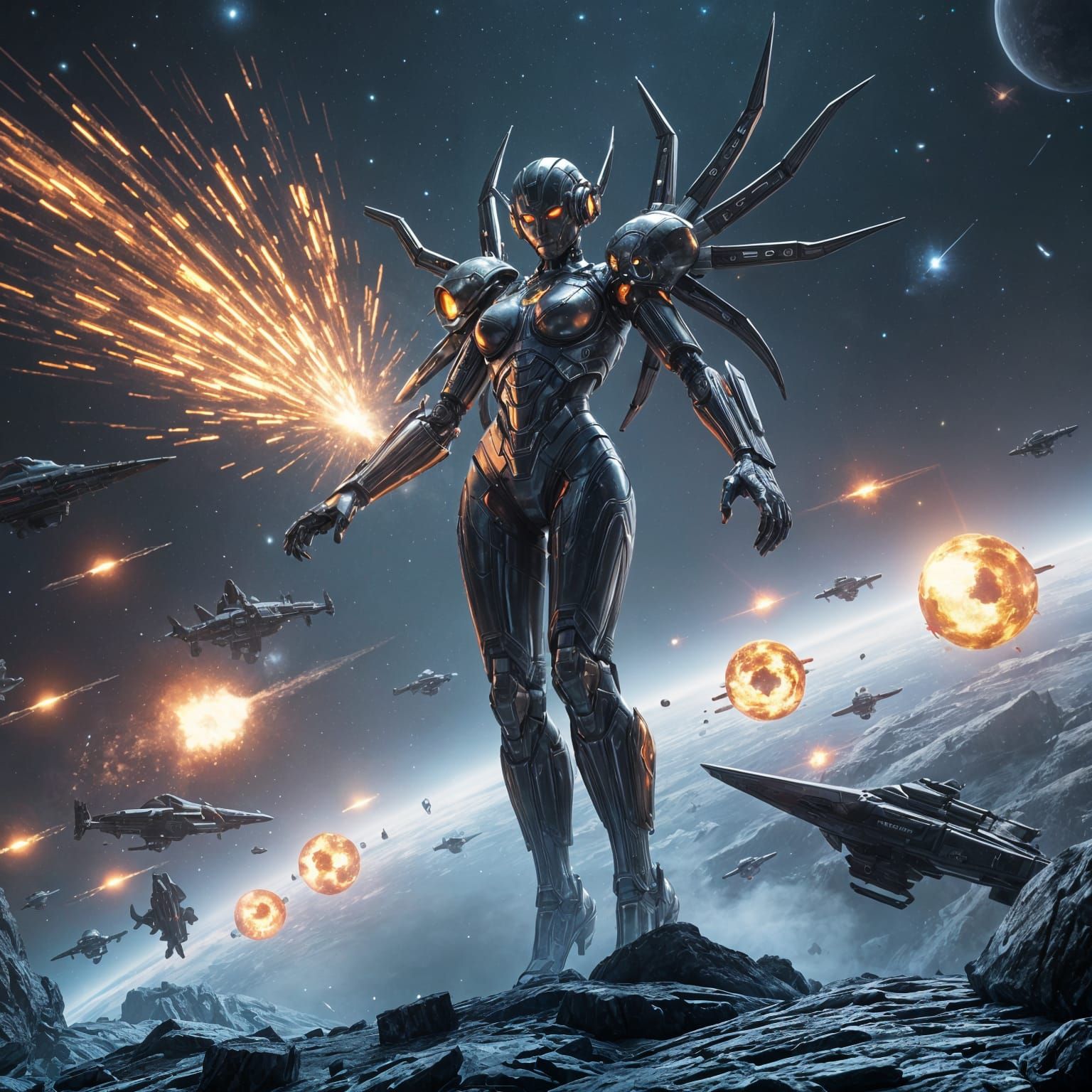 Sci-Fi AI Villain Destroying Spaceships in 3D