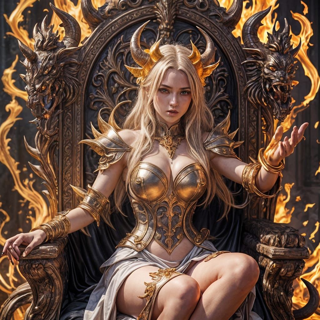 Blonde Demoness on a Throne of Fire in 3D Anime Art