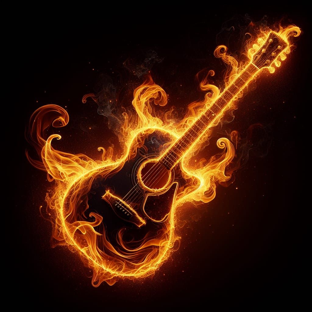 Fiery Guitar: Golden Flames Against Black Background