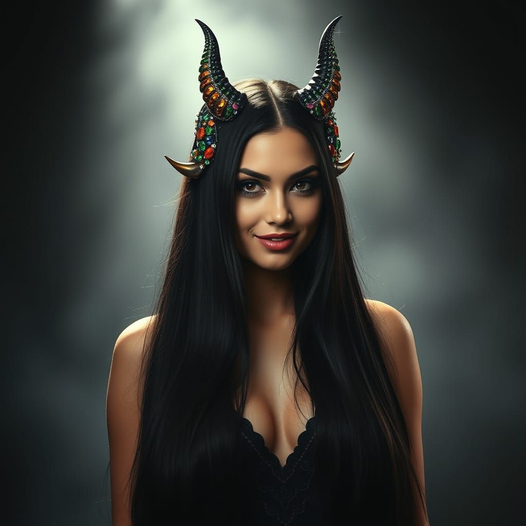 Mysterious Woman with Jewel Encrusted Horns, Digital Art
