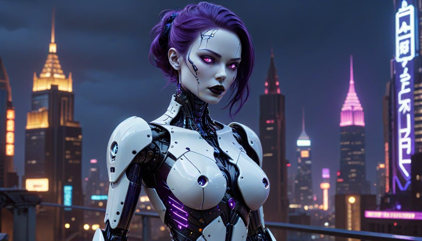 Gothic Gynoid Poses in Neon Cyberpunk Cityscape