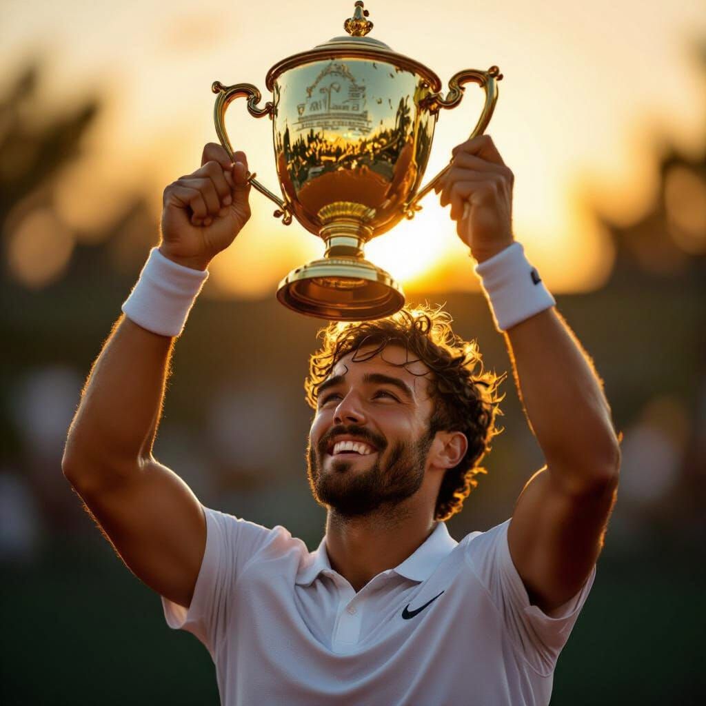 Tennis Champion Celebrates Victory Lifting Trophy