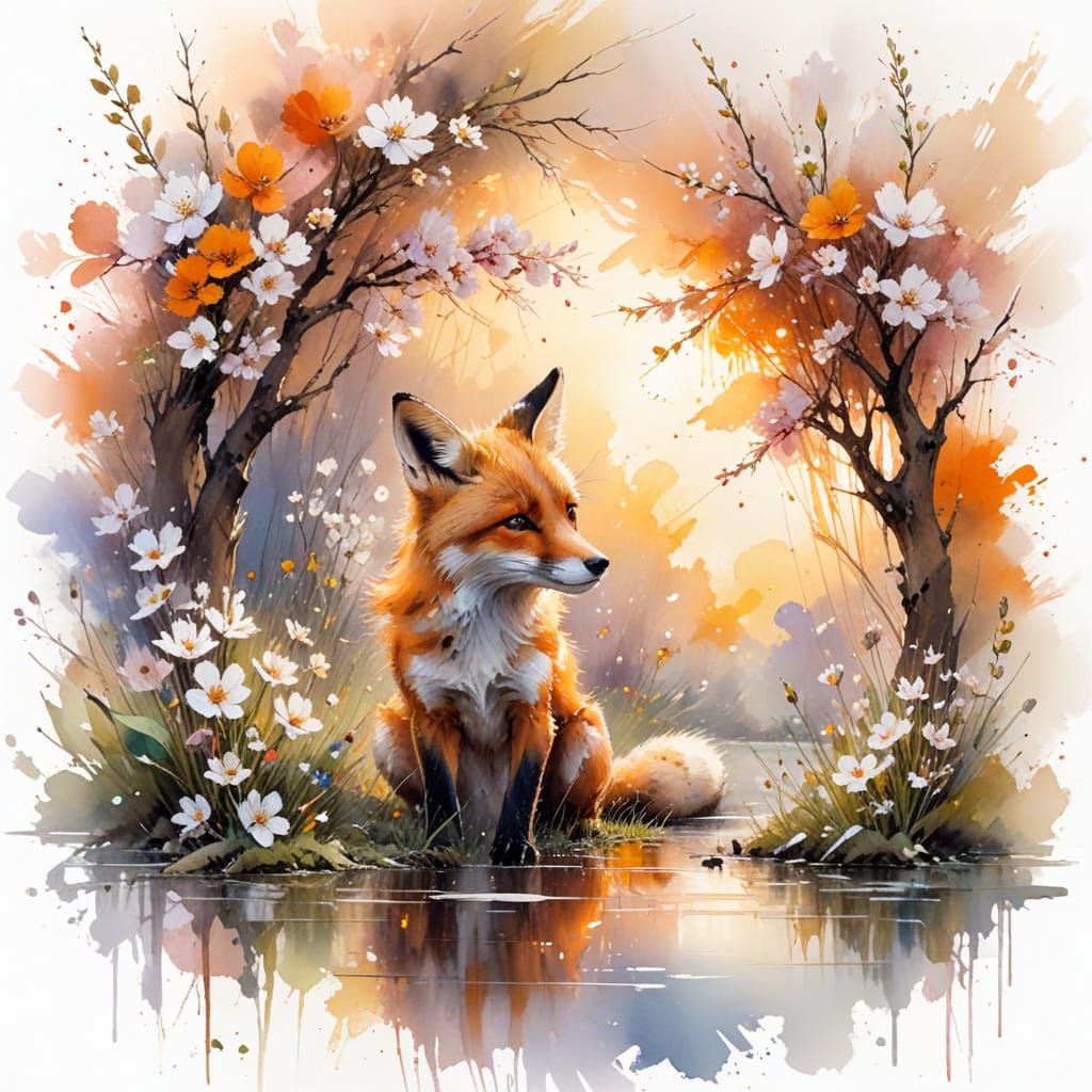 Fox Frolicking in Blossoms, Watercolor Summerscape