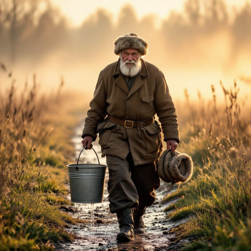 Elderly Grandfather Walks Through Russian Village at Dawn