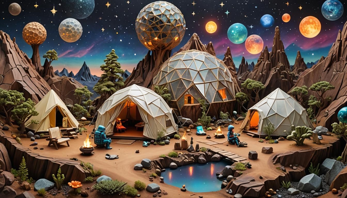 Alien Families Camping: Sci-Fi Holographic Diorama
