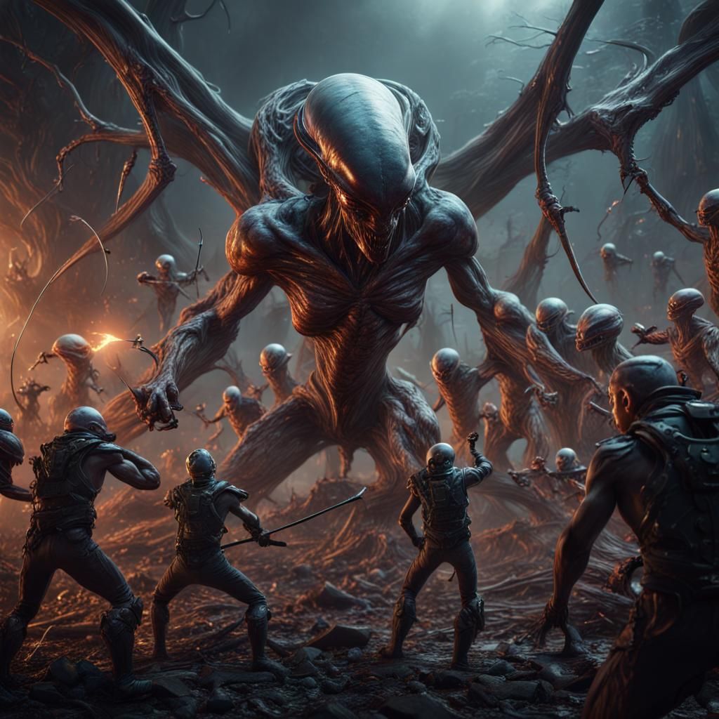 Alien vs Human Army Fight in Detailed Matte Painting