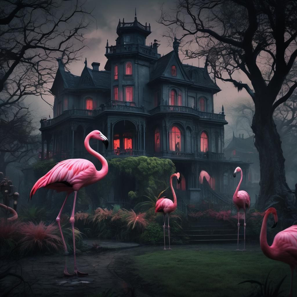 Zombie Flamingos at Haunted Mansion: Dark Fantasy Art