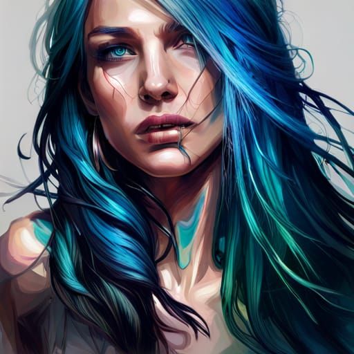 Cyberpunk Goddess with Blue Hair, Digital Art