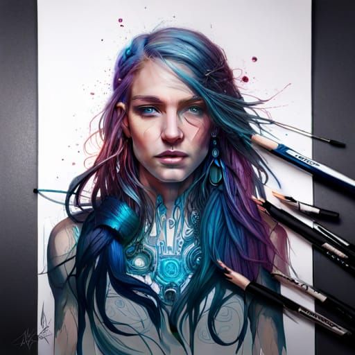 Cyberpunk Goddess with Blue Hair, Digital Art