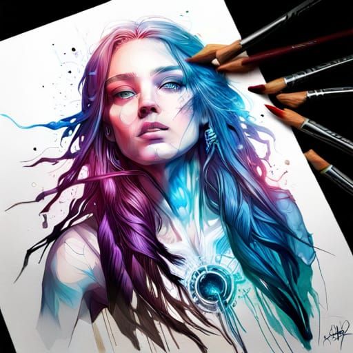 Cyberpunk Goddess with Blue Hair in Digital Art