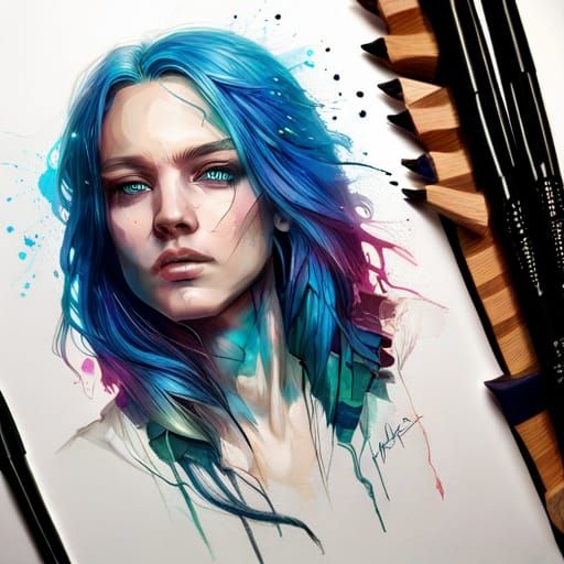 Cyberpunk Goddess with Blue Hair, Digital Art