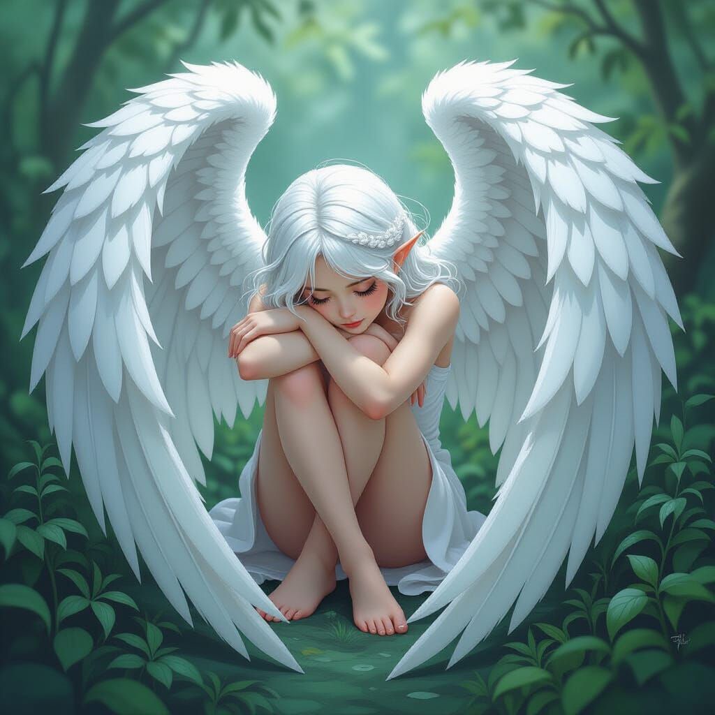 Delicate Angel Embraced by Luminous Wings in Gouache Style