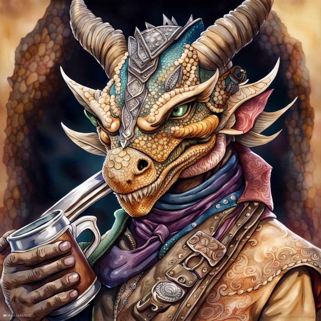 Dragonborn Cowboy Portrait in Watercolor Style