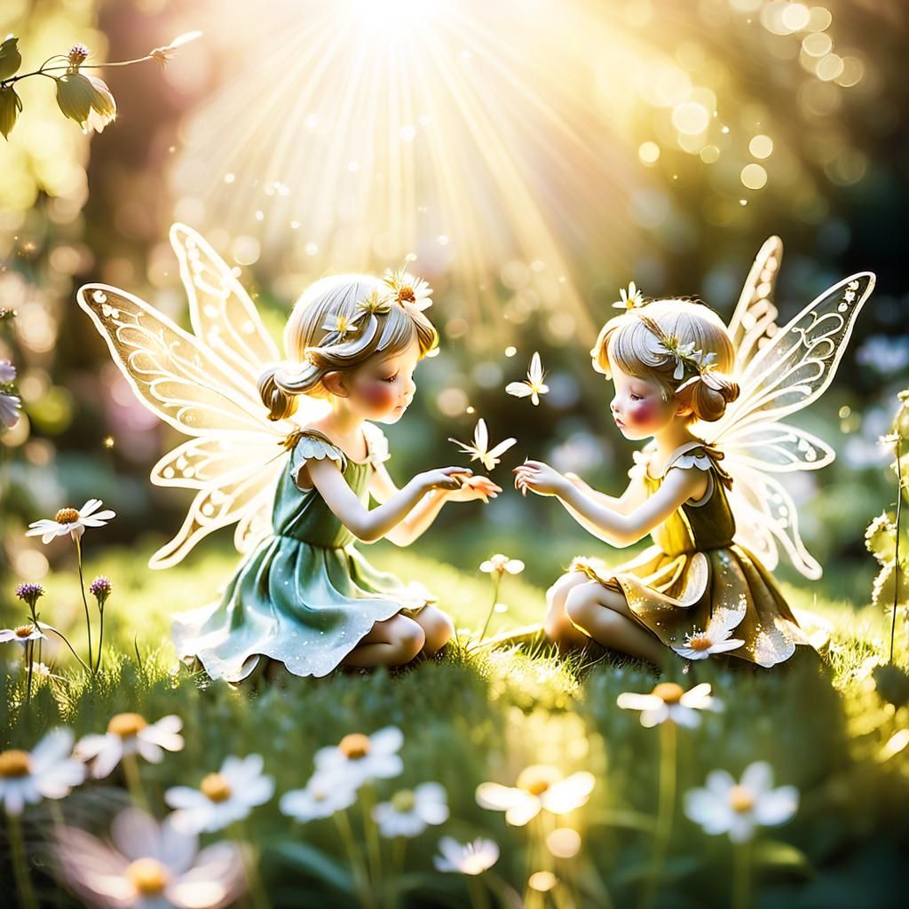 Fairies Playing in Sunlit Garden: Ethereal Fine Art