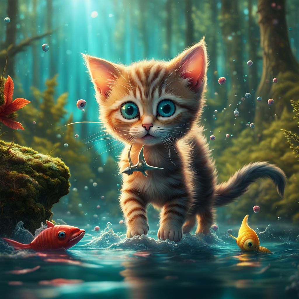 Adorable Kitten's Magical Fish Hunt in Whimsical Style