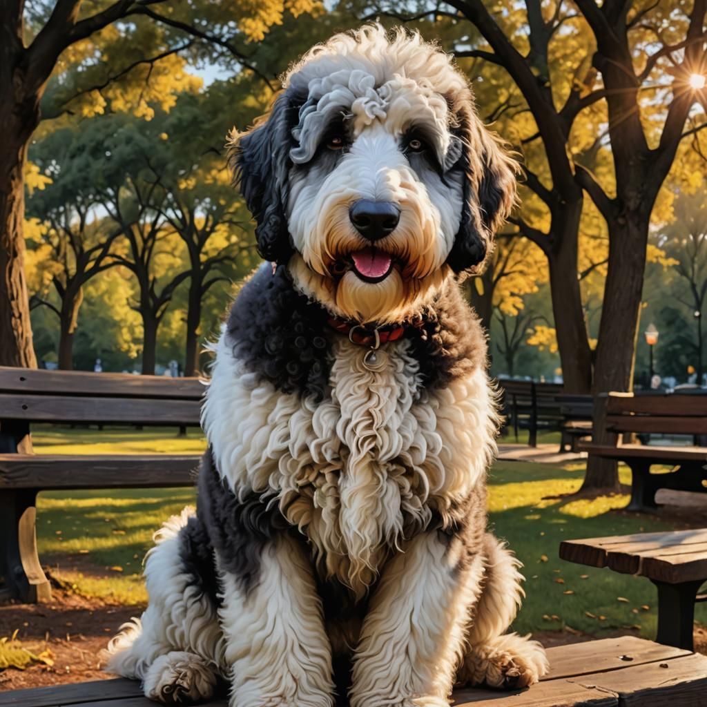 Sheepdog Portrait in Park: Impressionist Oil Painting