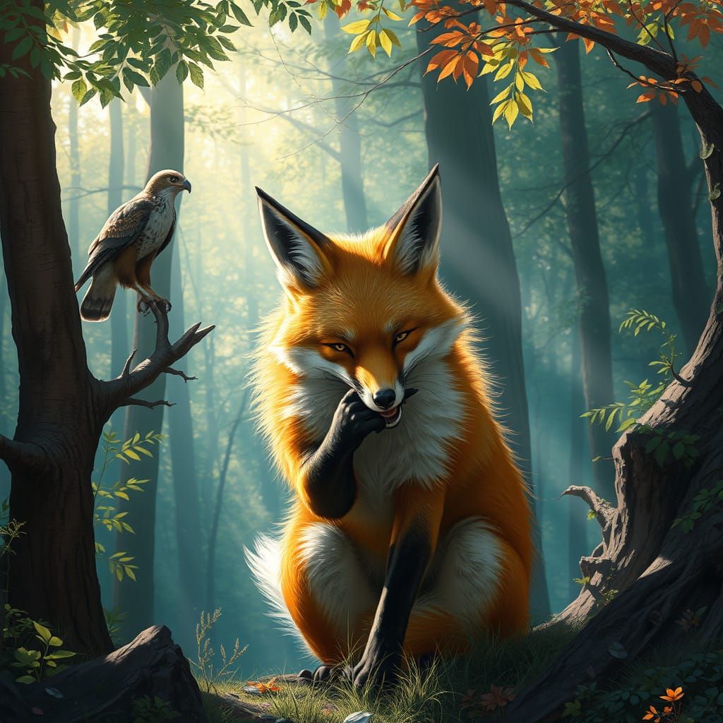 Hyperrealistic Fox Bites Tail in Sunlit Forest
