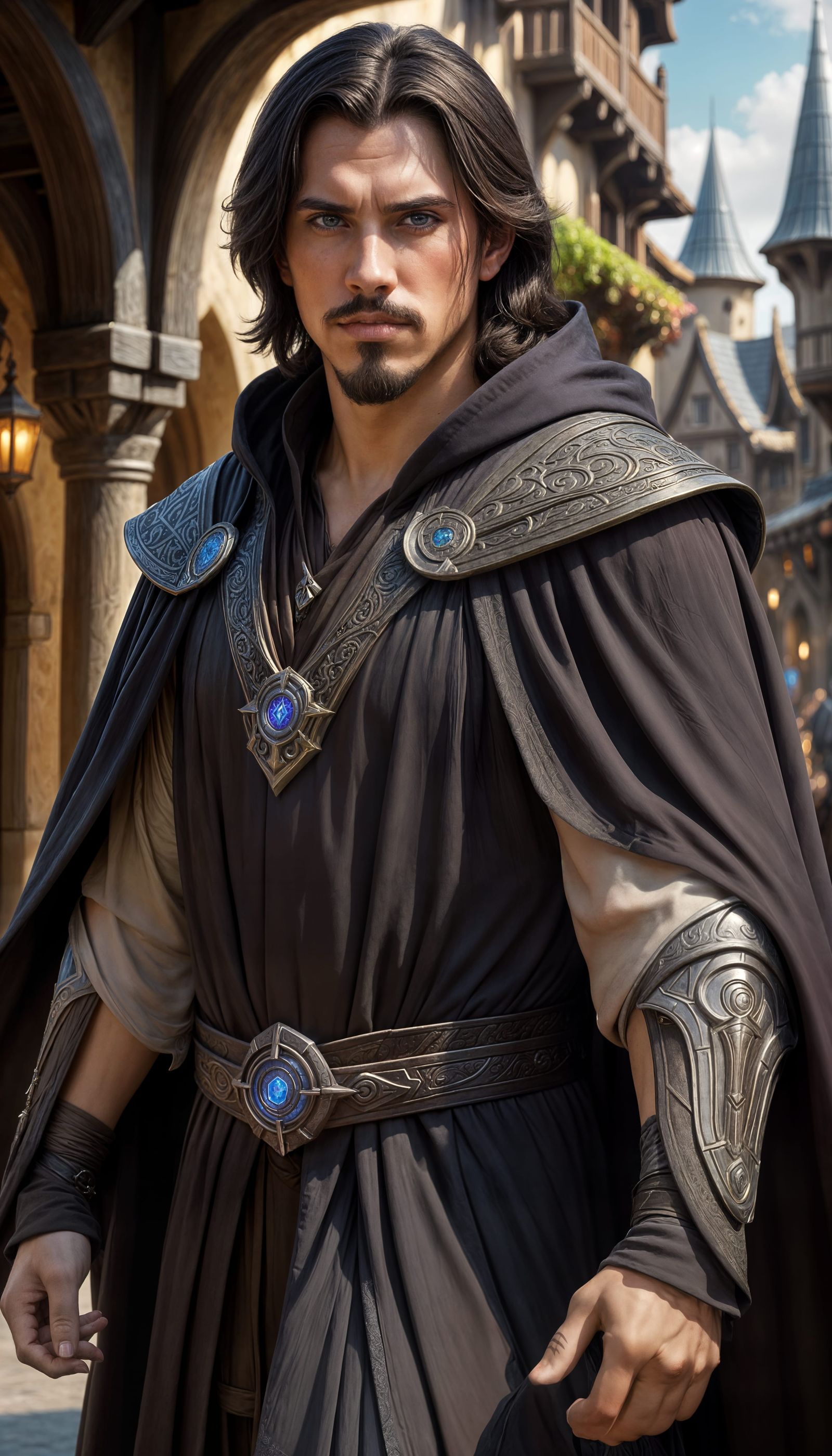 Charismatic Jedi-Style Figure in Fantasy City