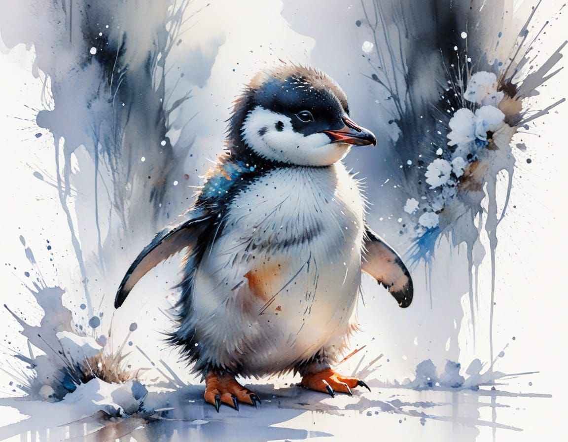 Baby Penguin's Snowy Adventure: Watercolor Art
