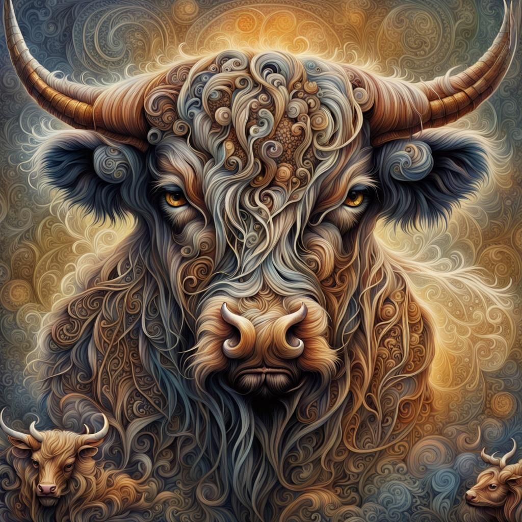 Detailed Highland Bull in Watercolor Style