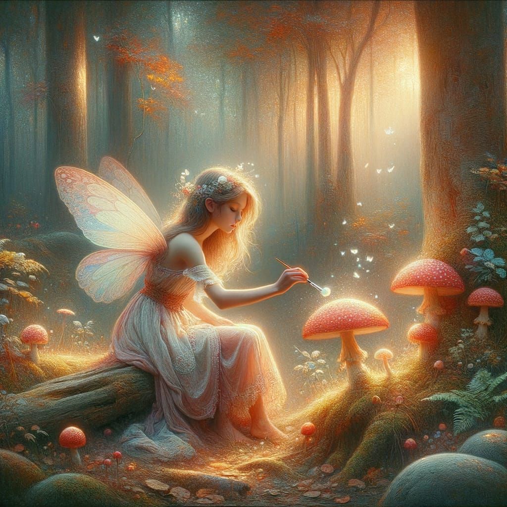 Fairy Painting Mushroom in Grove with Pastel Colors
