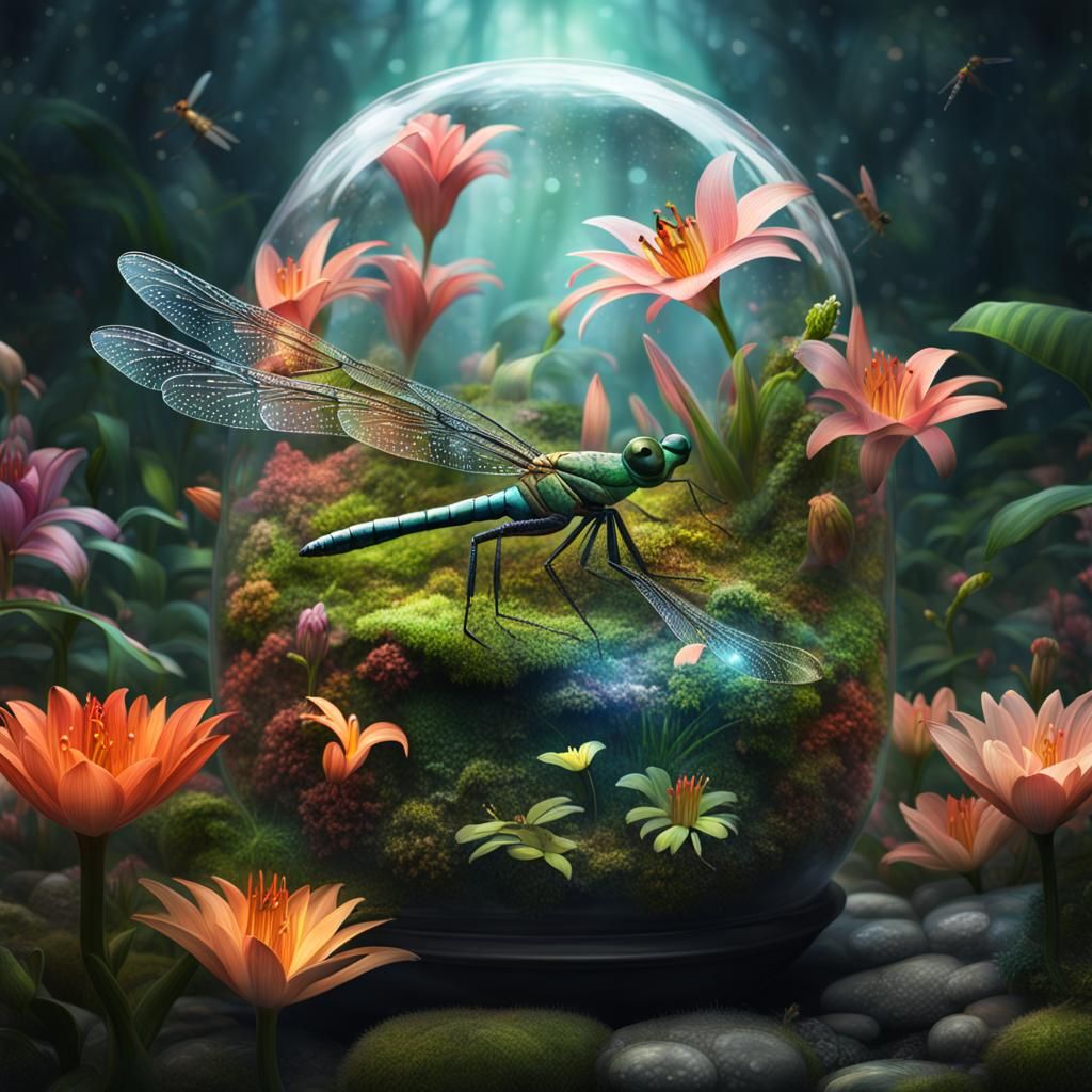 Detailed Terrarium with Dragonfly and Flowers