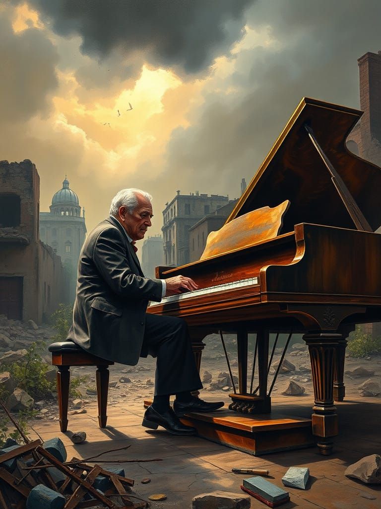 Elegant Gentleman Plays Piano in War-Torn Cityscape in Expre...