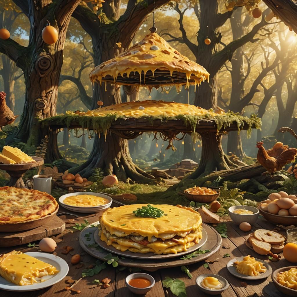 Giant Cheesy Omelet in Surreal Forest: Digital Matte Paintin...