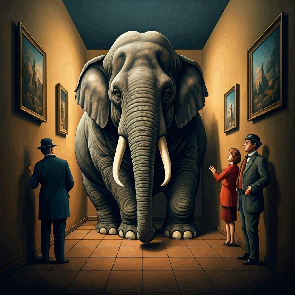 Surreal Elephant Scene in Gouache Style