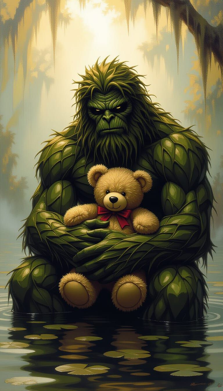Swamp Thing Cradles Teddybear in Mystical Oil Painting