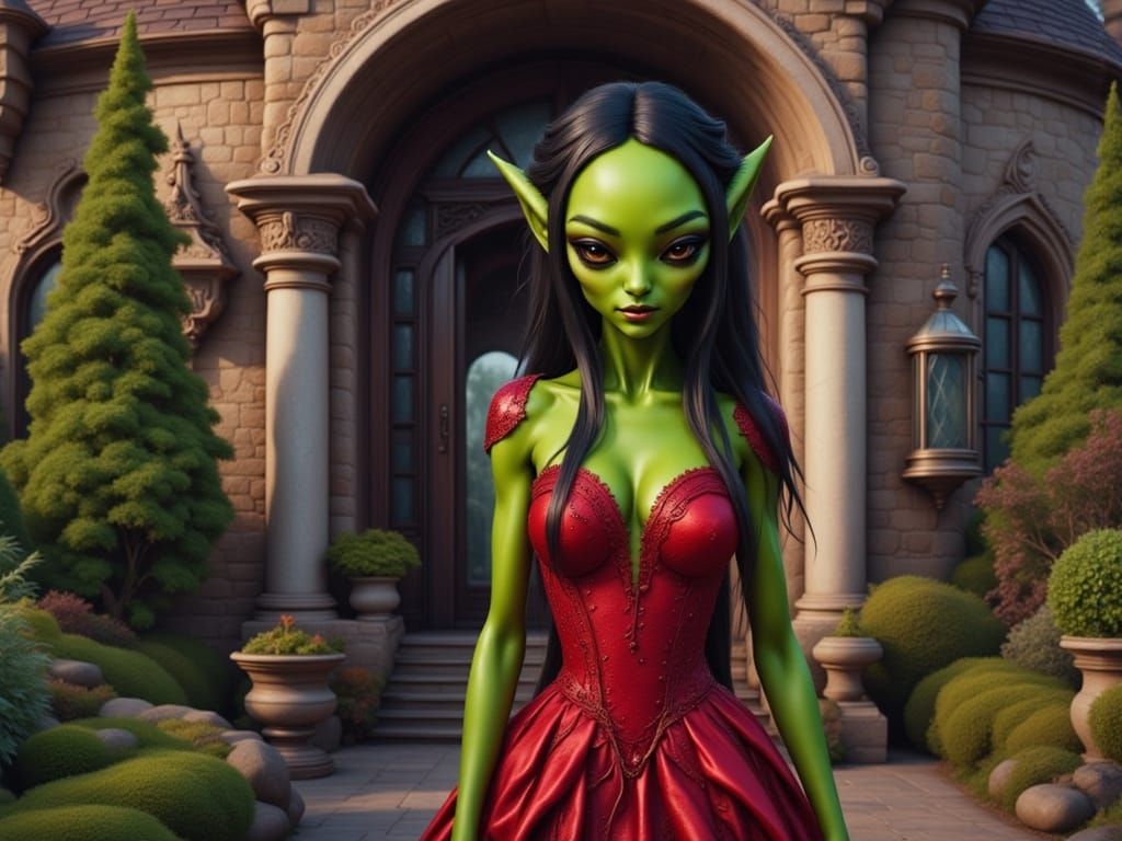 Alien Woman in Red Dress Walks From House