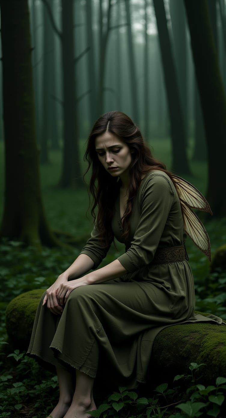 Melancholic Fairy in Misty Forest: Photorealistic Scene