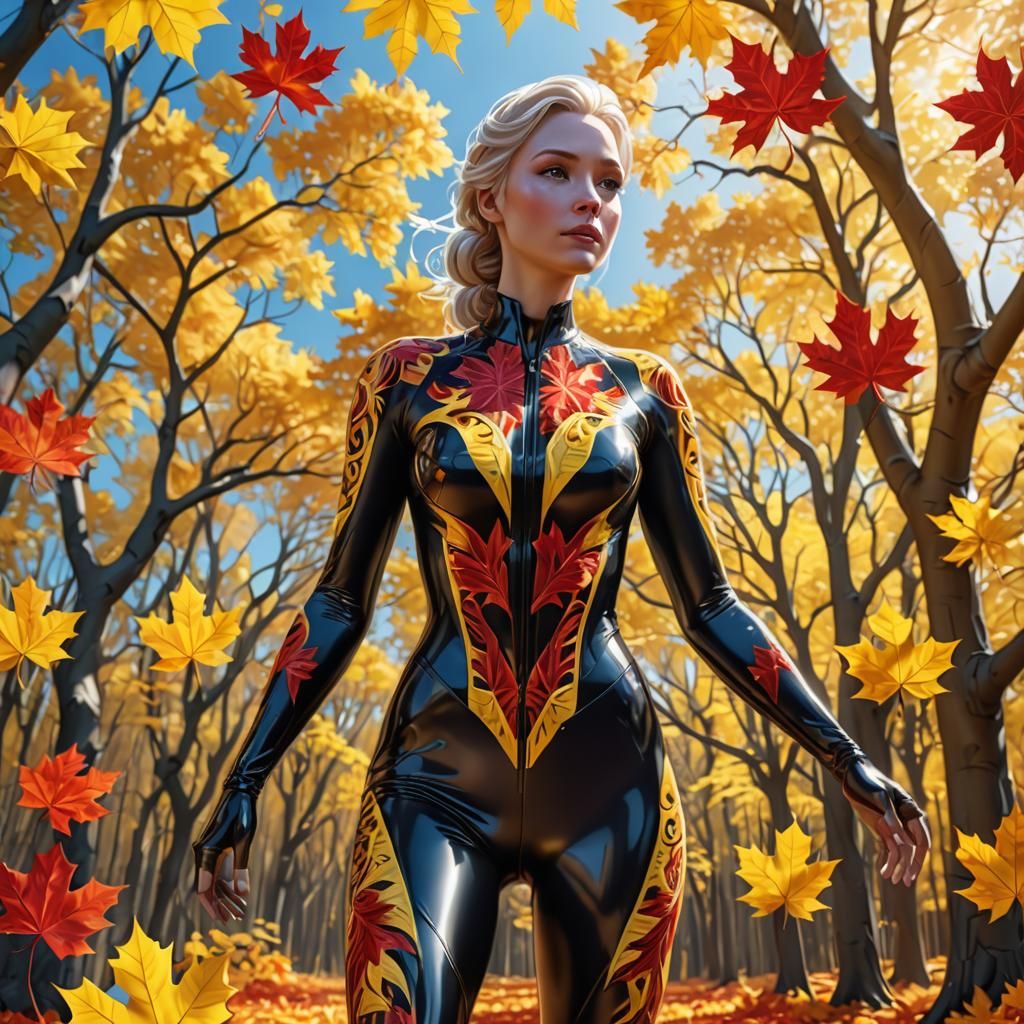 Frozen Girl in Spandex Catsuit with Flying Leaves