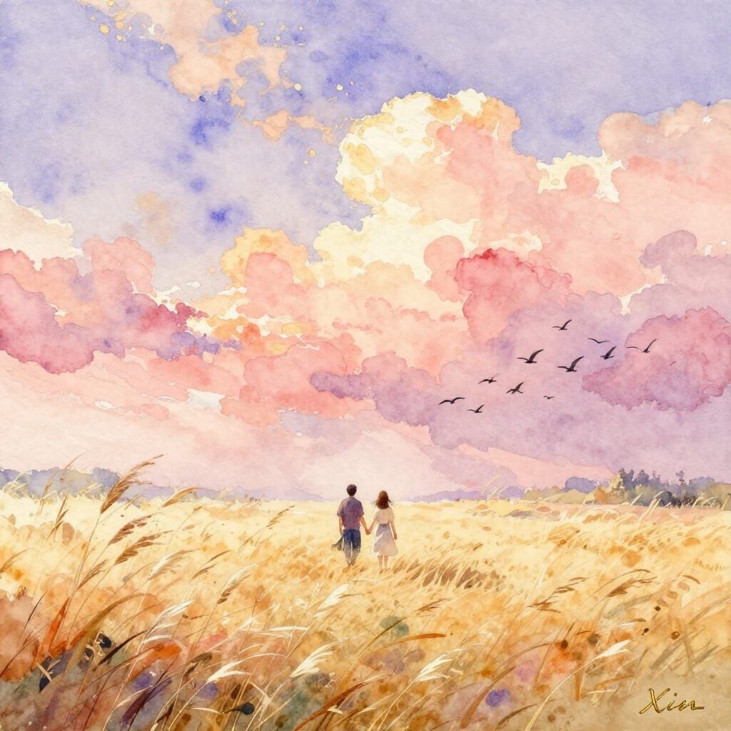 Dreamy Watercolor Couple in Golden Meadow