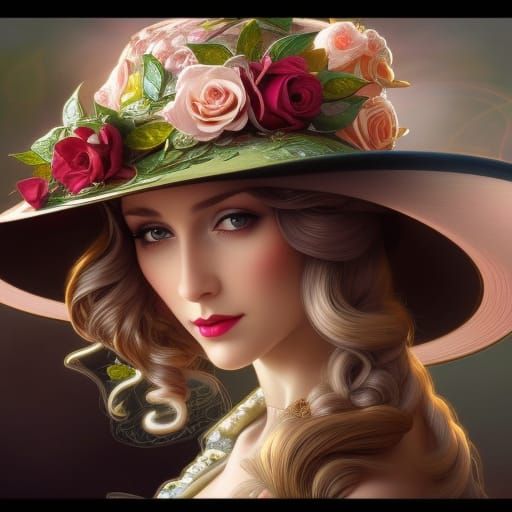 Art Nouveau Lady in Rose-Adorned Hat