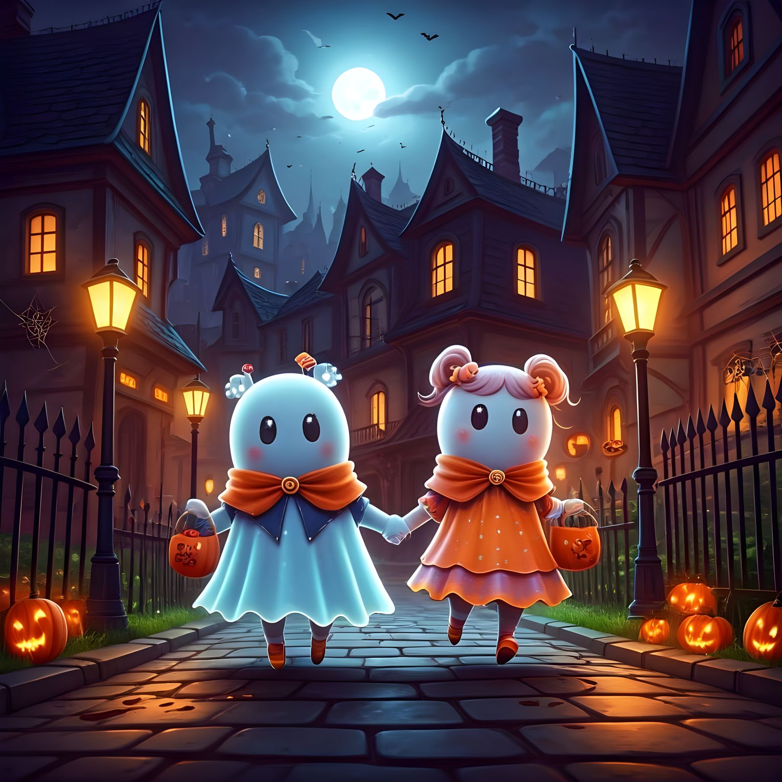 Festive Halloween Night Scene in 3D Cartoon Style
