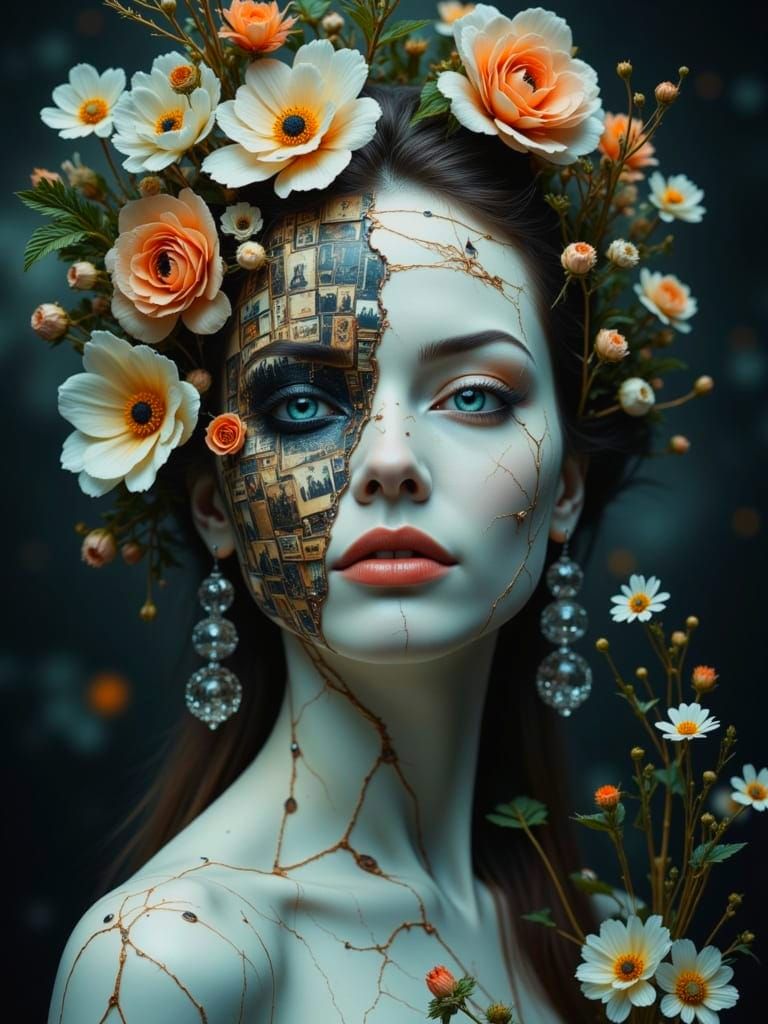 Surreal Split-Screen Portrait in Cybernetic Style