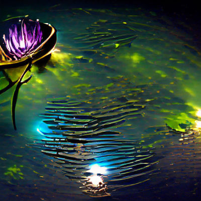 Iridescent Water Lily at Night with Fireflies
