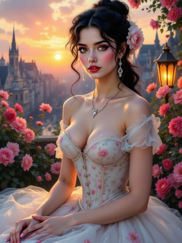 Aristocratic Woman in Floral Gown at Twilight