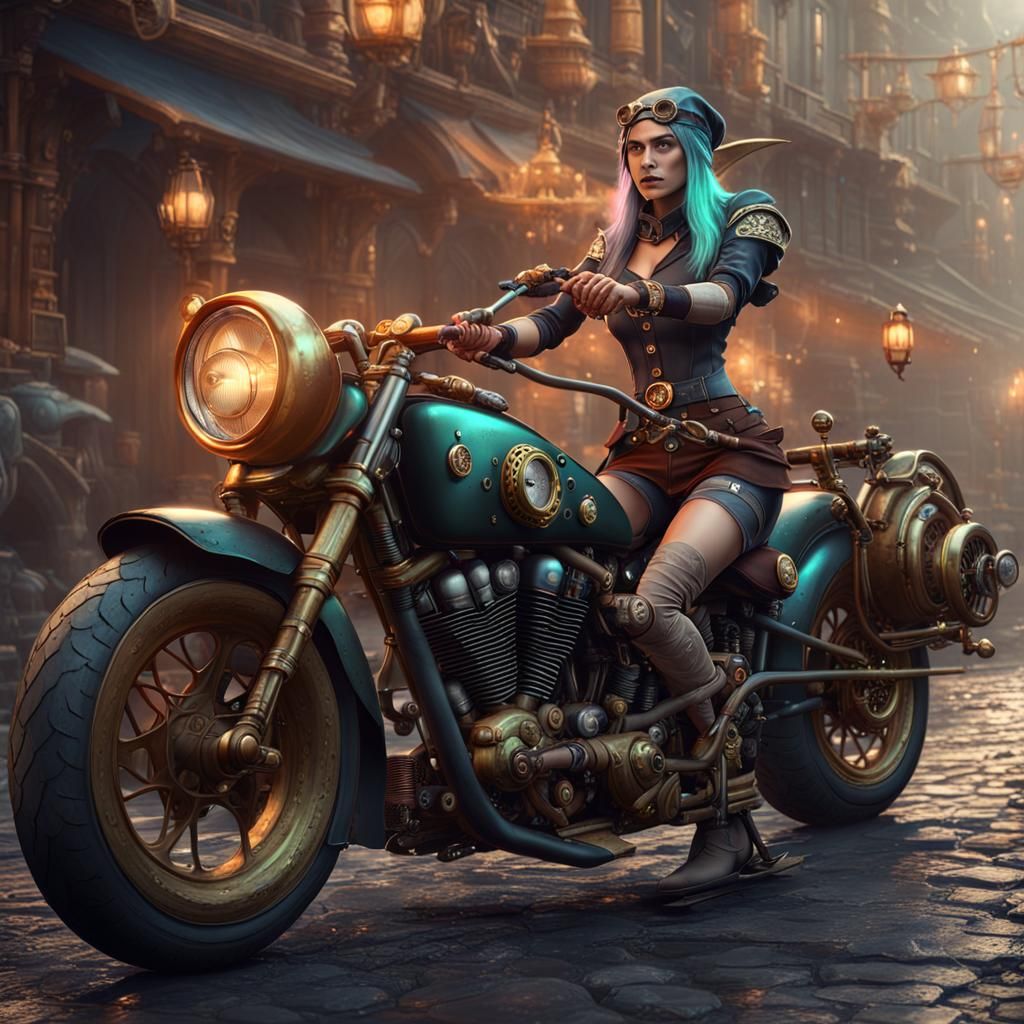 Steampunk Elf Biker Witch Gang in Detailed Painting