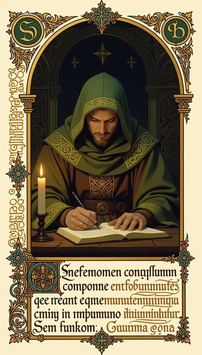 Illuminated Medieval Monk Writing by Candlelight