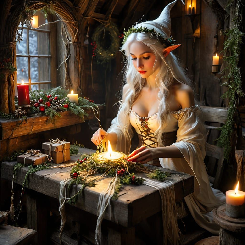 Enchanting Christmas Elf in Whimsical Fairy Cottage