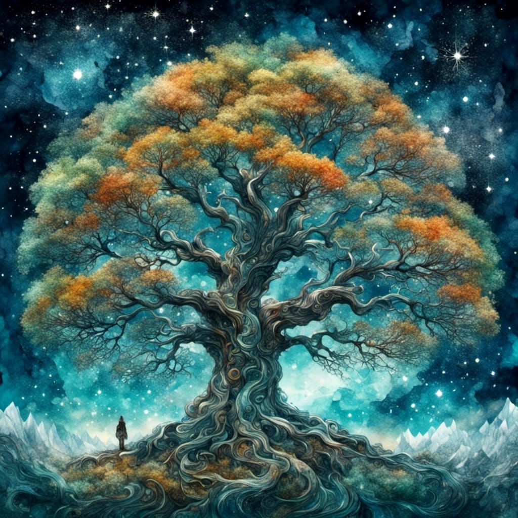 Oak Tree Silhouette with Nebula, Klimt-Inspired Watercolor