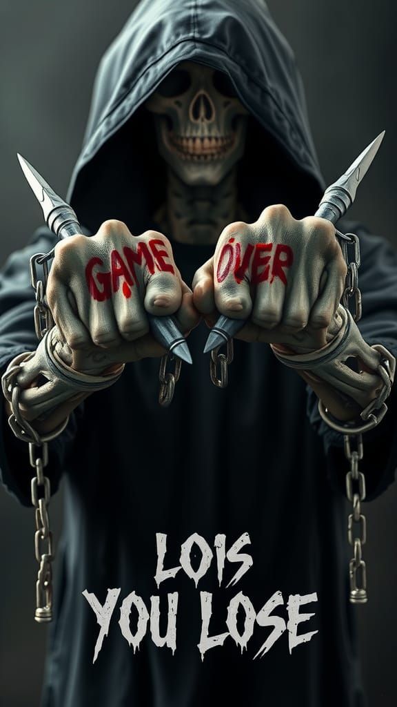 Dark Fantasy Grim Reaper with 'Game Over' Knuckles